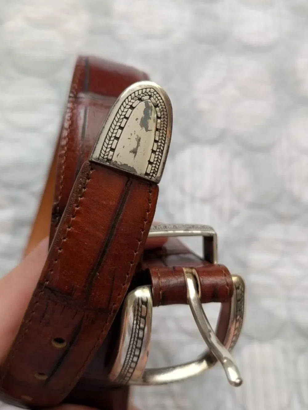VTG 90s Onyx Brighton Genuine Leather Crocodile Embossed Belt Brass Buckle Sz 34